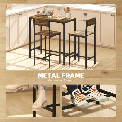HOMCOM 3-Piece Bar Table Set with 2 Stools, Industrial Breakfast Bar Set with Footrest, Backrest for Dining Room, Small Space