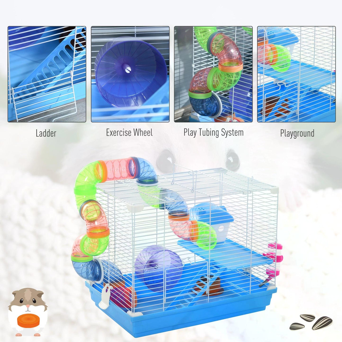 Pawhut 2 Tier Hamster Cage Carrier Habitat Small Animal House with Exercise Wheels Tunnel Tube Water Bottle Dishes House Ladder for Dwarf, Blue