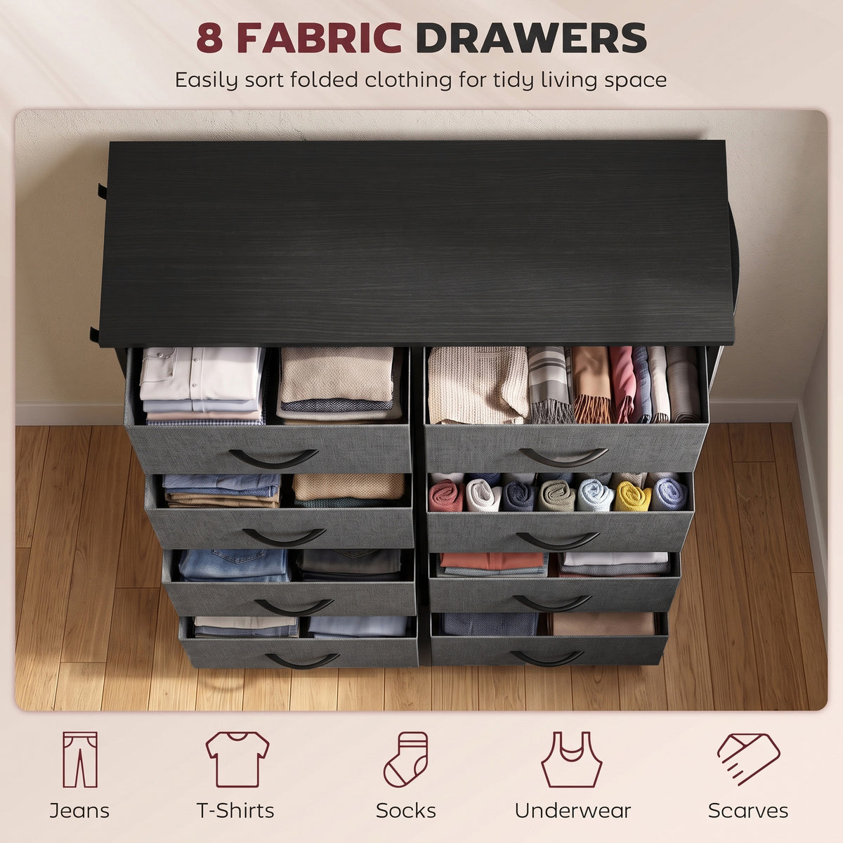 HOMCOM Chest of Drawers, Dresser for Bedroom with 8 Fabric Drawers, Tall Storage Unit w/ Side Storage Bag, Grey