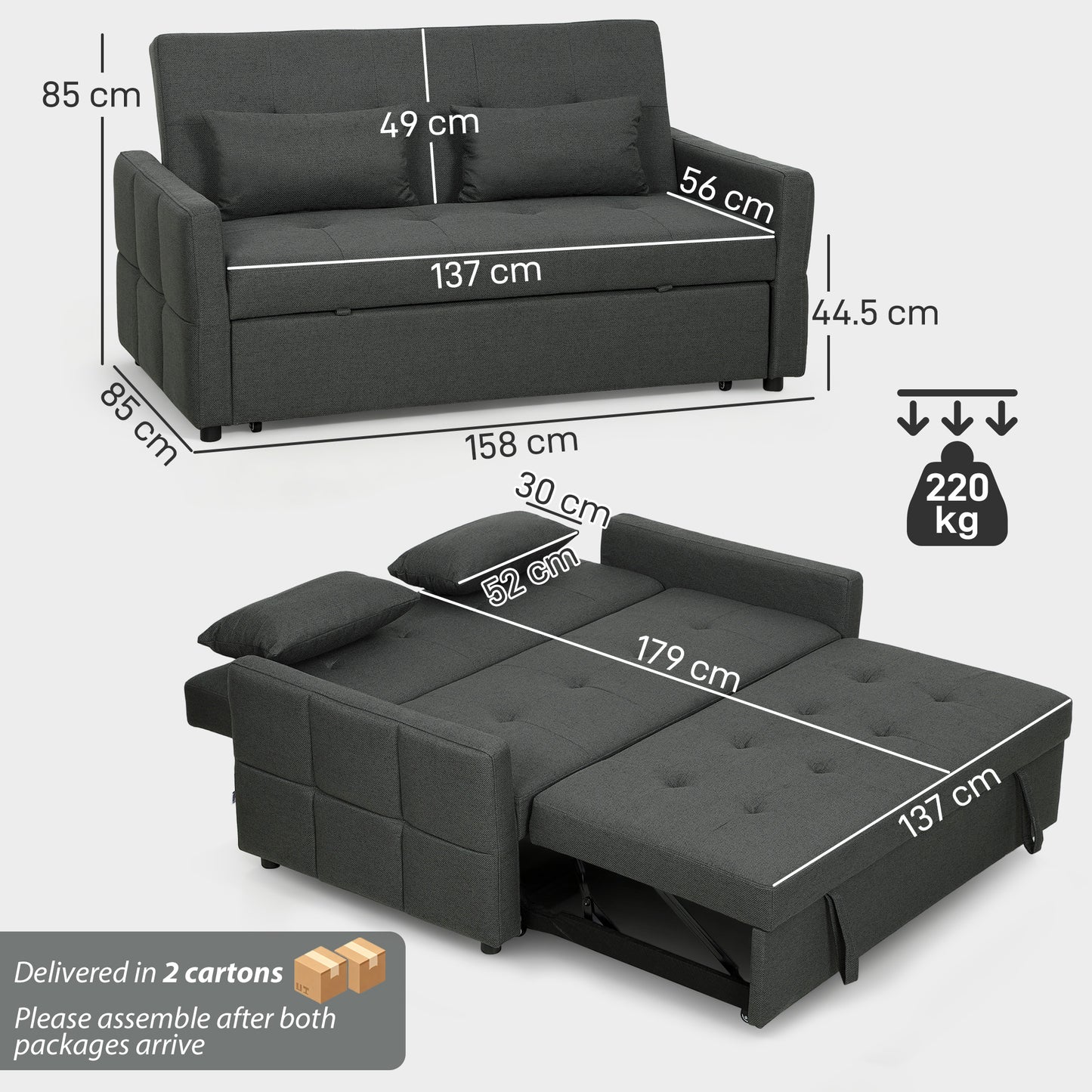 HOMCOM Three-Way Two-Seater Sofa Bed - Charcoal Grey