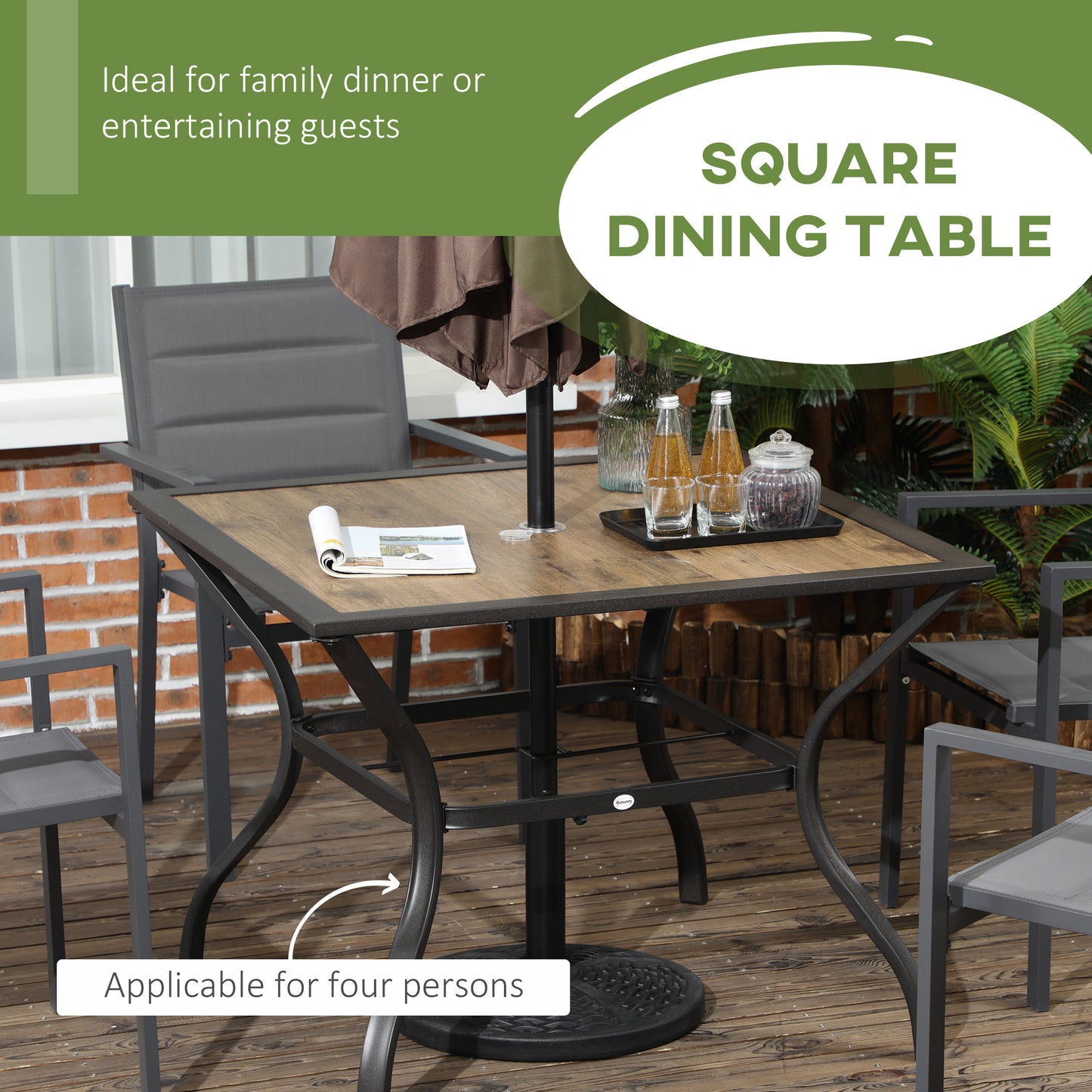 Outsunny Outdoor Garden Table Dining Table dla 4 osób z otworem na parasol, blat z płyty PC z efektem słojów kamienia na patio, ogród, brązowy