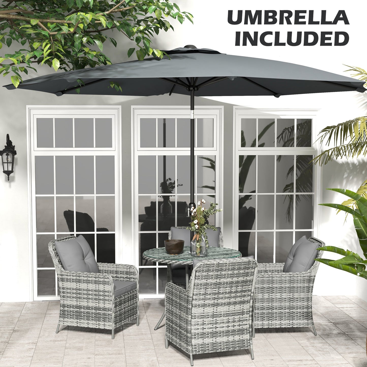 Outsunny 6 Pieces Garden Dining Set, 4 Seater Rattan Dining Set Outdoor with Umbrella, Cushions, Tempered Glass Top Table