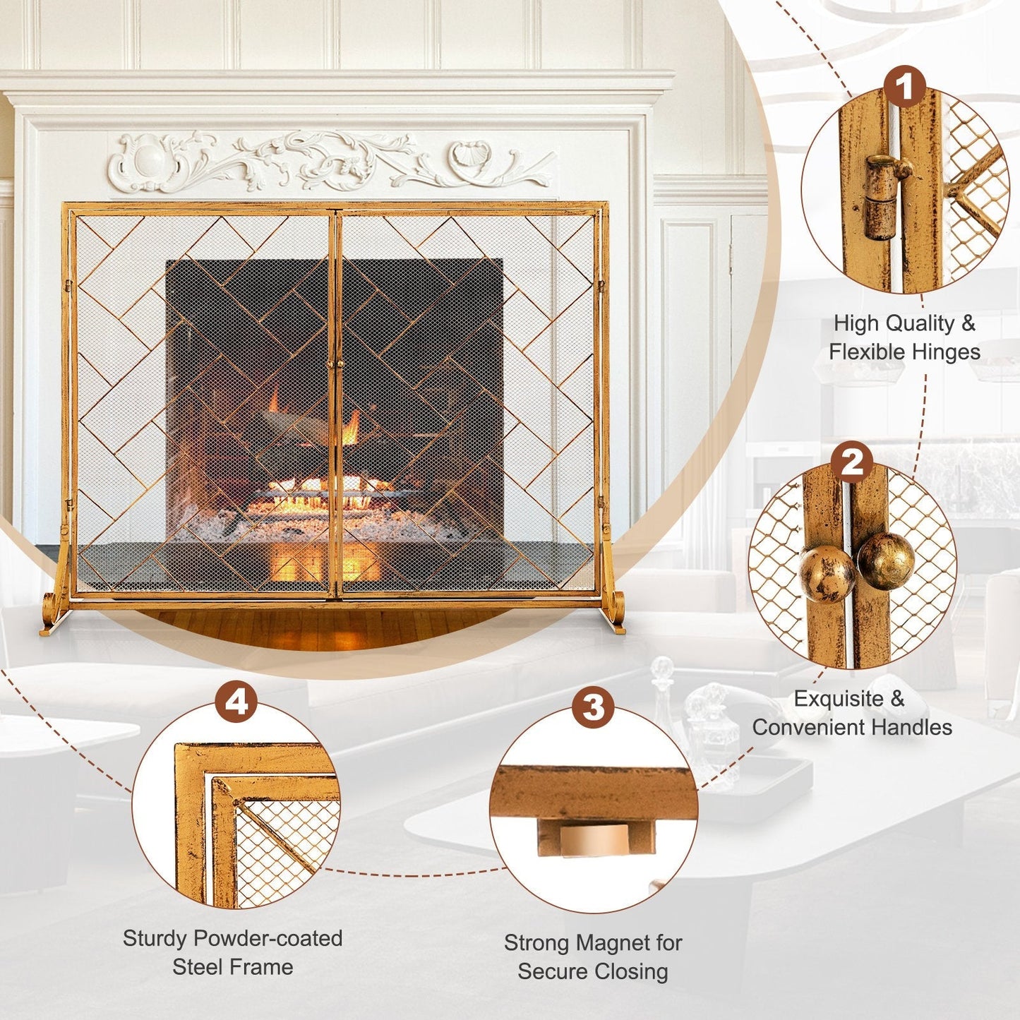 2-Panel Mesh Fireplace Screen with Double Magnetic Doors-Golden