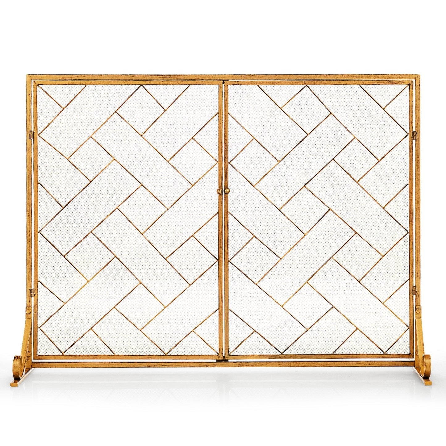 2-Panel Mesh Fireplace Screen with Double Magnetic Doors-Golden