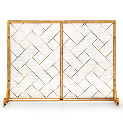 2-Panel Mesh Fireplace Screen with Double Magnetic Doors-Golden