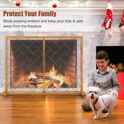 2-Panel Mesh Fireplace Screen with Double Magnetic Doors-Golden