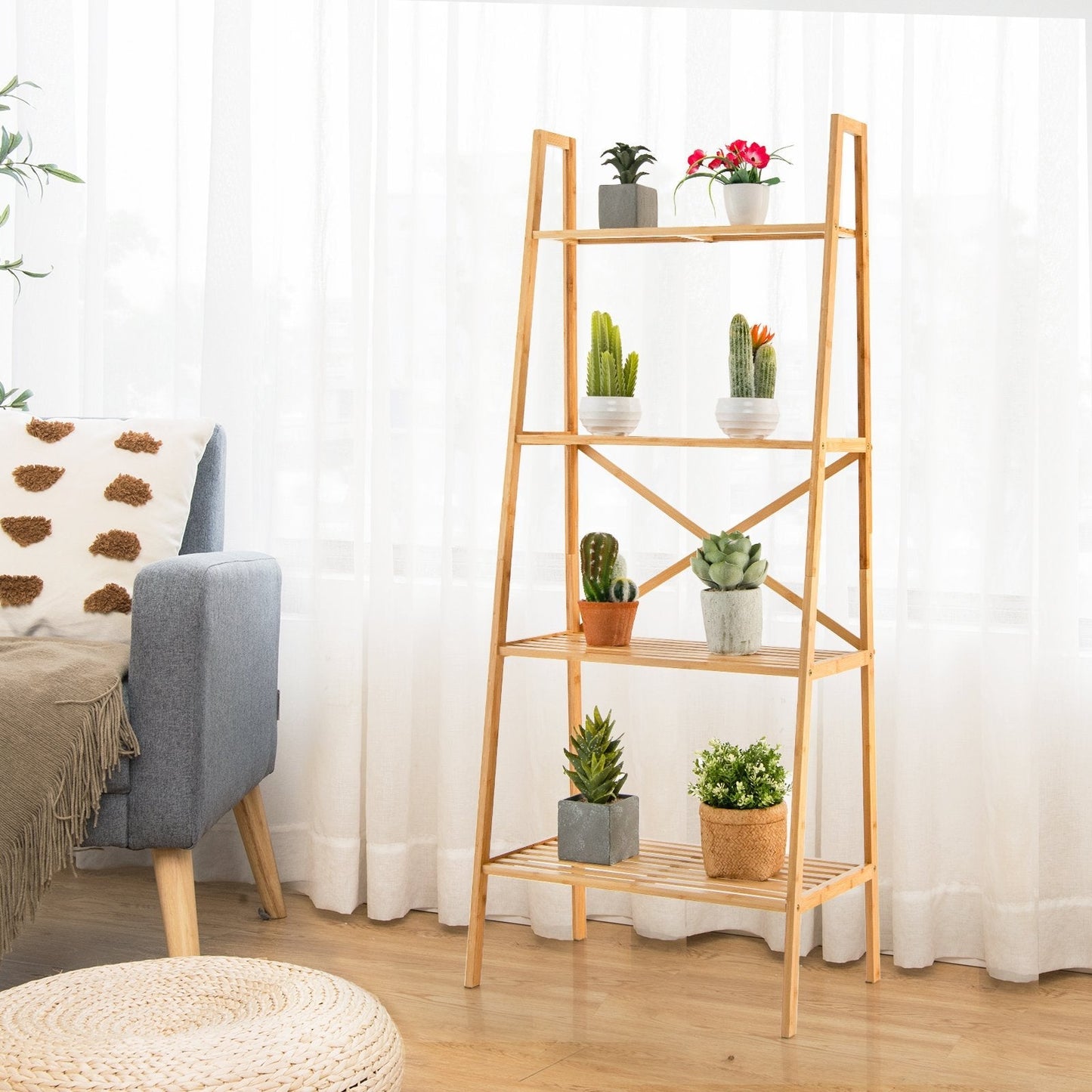 4-Tier Freestanding Bookcase with Anti-Toppling Device for Living Room-Natural
