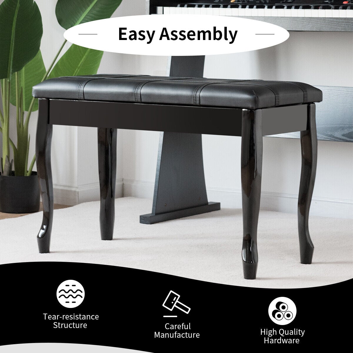 Leather Piano Bench with Storage Compartment and Wooden Legs-Black