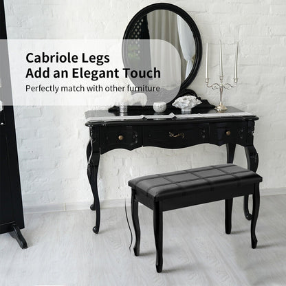 Leather Piano Bench with Storage Compartment and Wooden Legs-Black