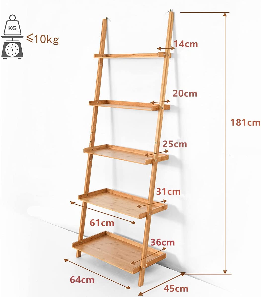 5 Tier Bamboo Ladder Shelf with Raised Baffle for Living Room