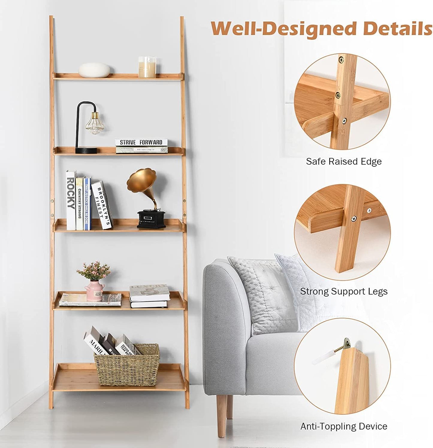 5 Tier Bamboo Ladder Shelf with Raised Baffle for Living Room