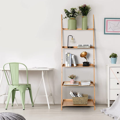 5 Tier Bamboo Ladder Shelf with Raised Baffle for Living Room