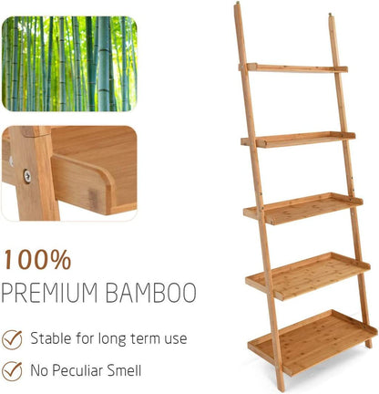 5 Tier Bamboo Ladder Shelf with Raised Baffle for Living Room