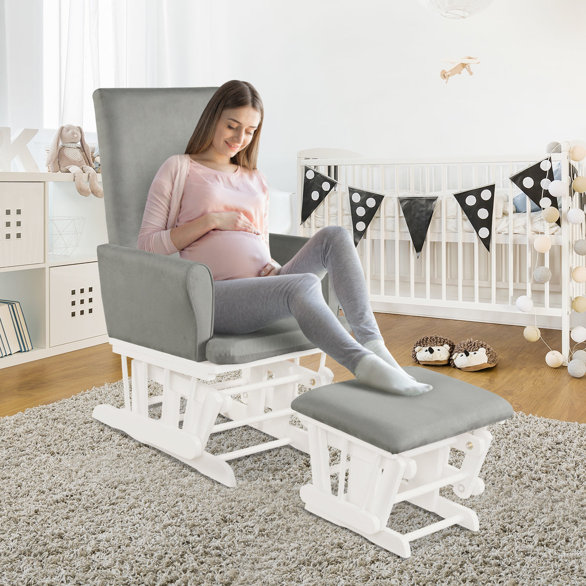Hoop Glider and Ottoman Set with Solid Wooden Frame-Silver