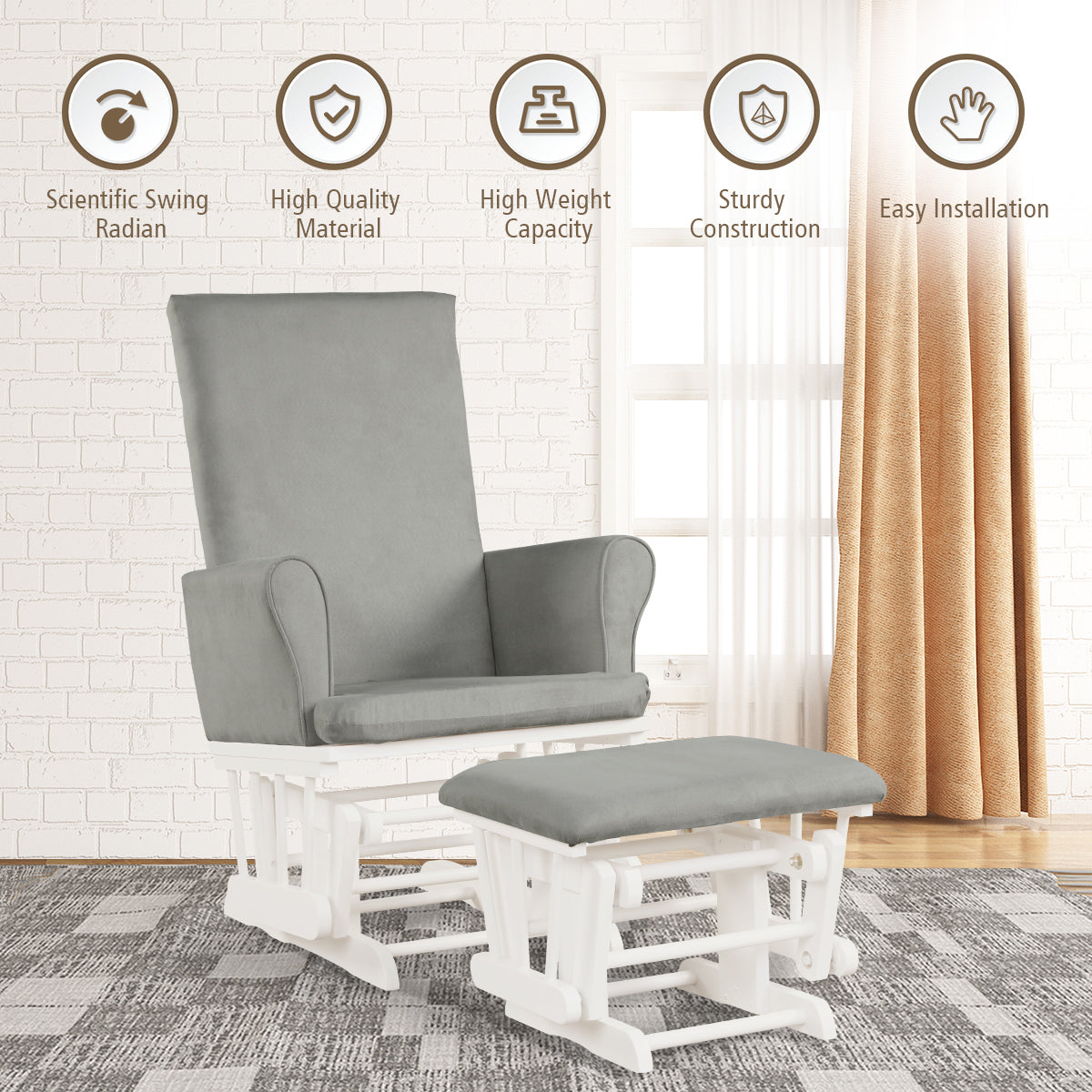 Hoop Glider and Ottoman Set with Solid Wooden Frame-Silver