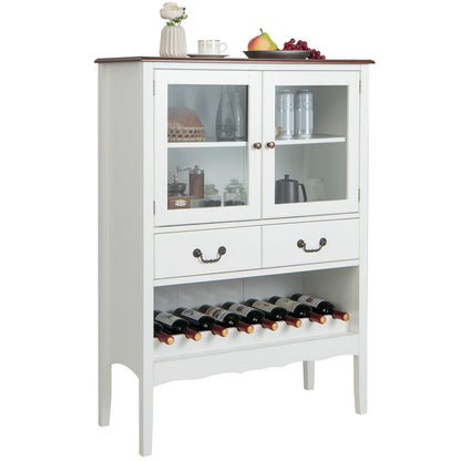 Wooden Kitchen Sideboard with Wine Rack 2 Glass Doors and Drawers-White