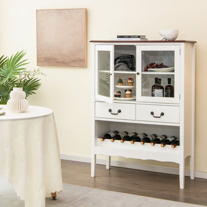 Wooden Kitchen Sideboard with Wine Rack 2 Glass Doors and Drawers-White