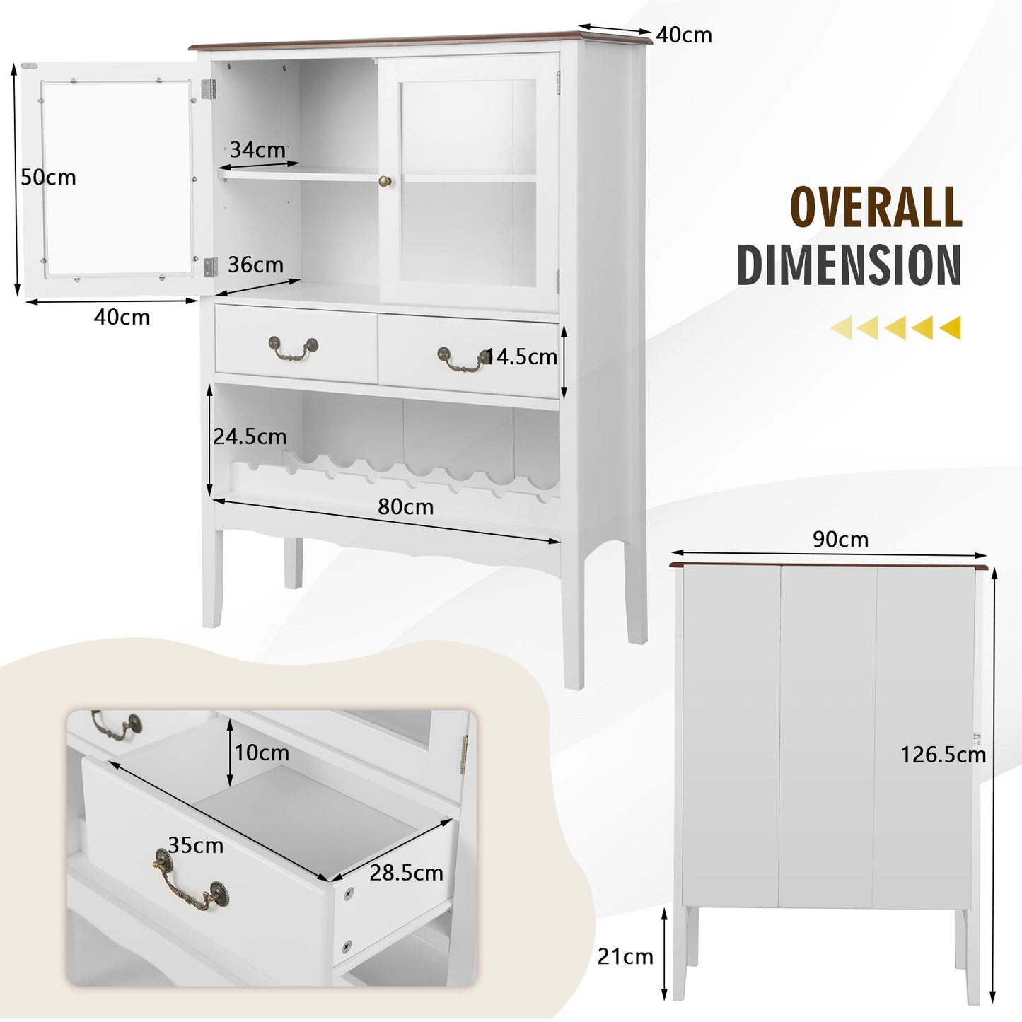 Wooden Kitchen Sideboard with Wine Rack 2 Glass Doors and Drawers-White