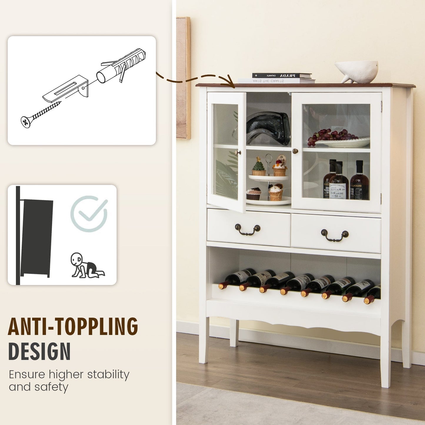 Wooden Kitchen Sideboard with Wine Rack 2 Glass Doors and Drawers-White
