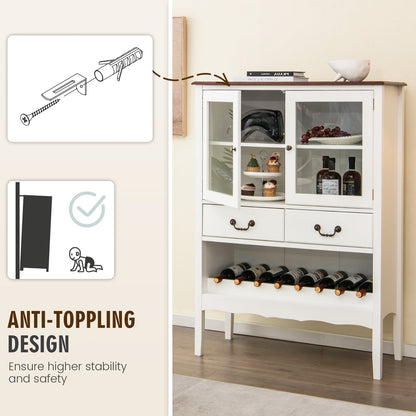 Wooden Kitchen Sideboard with Wine Rack 2 Glass Doors and Drawers-White