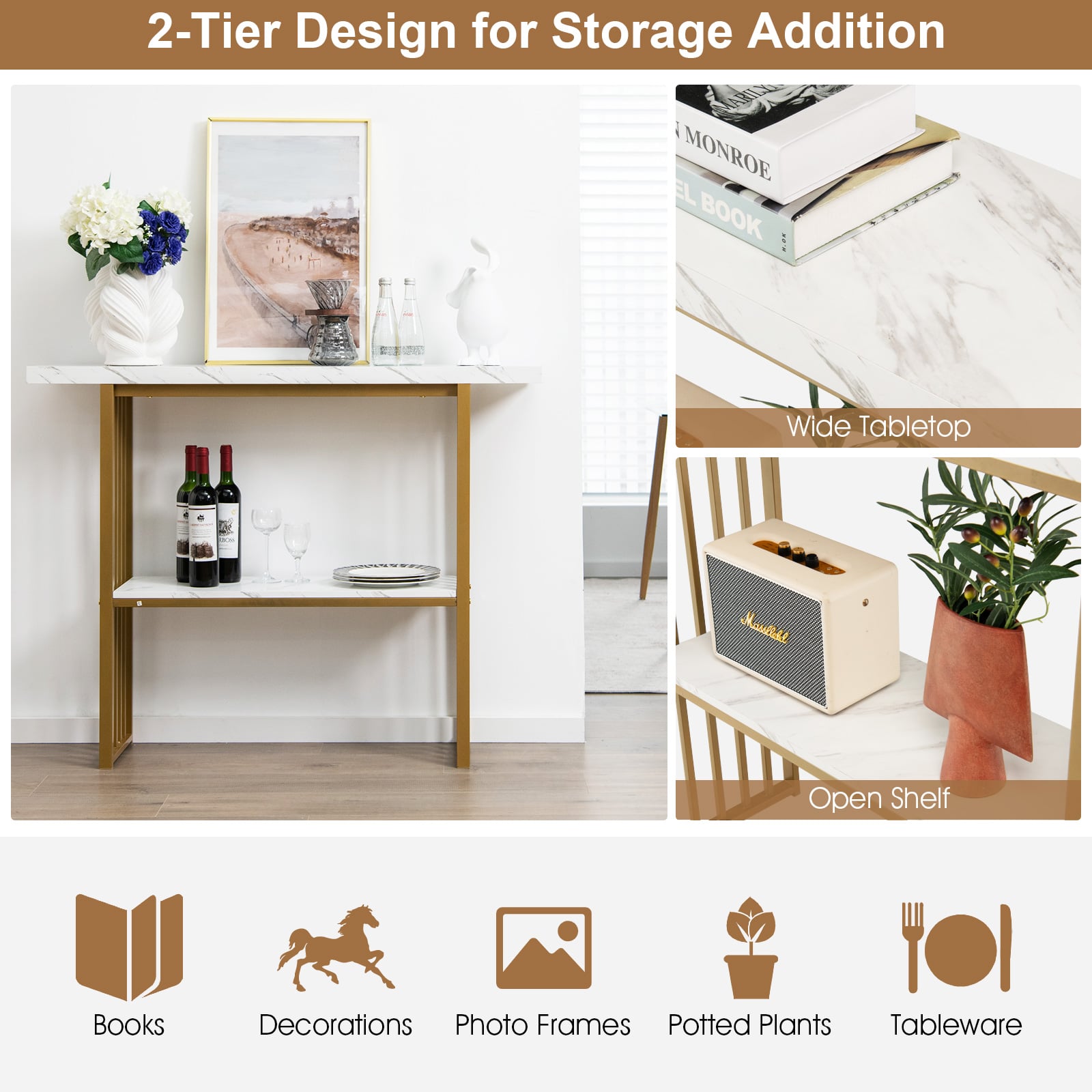 2-Tier Faux Marble Console Table for Entryway Living Room Bedroom-White &amp; Golden