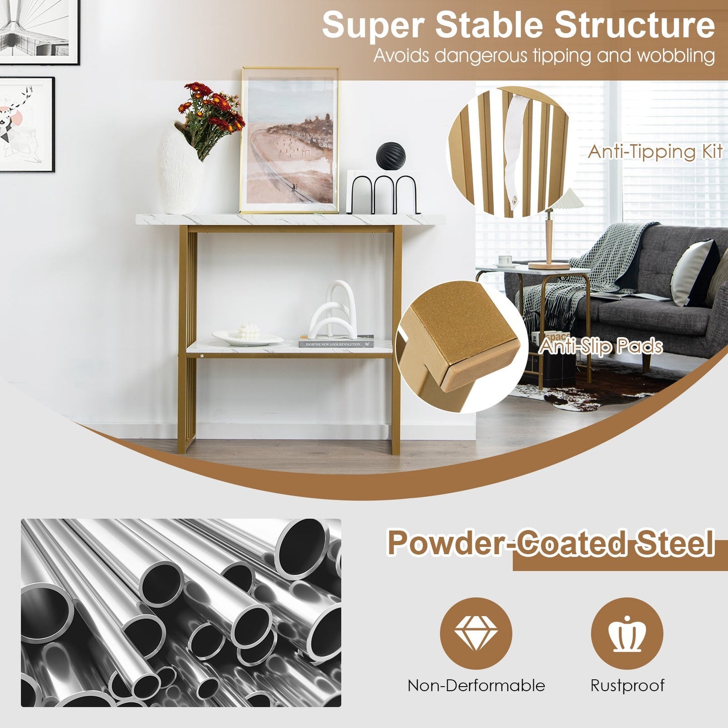 2-Tier Faux Marble Console Table for Entryway Living Room Bedroom-White &amp; Golden