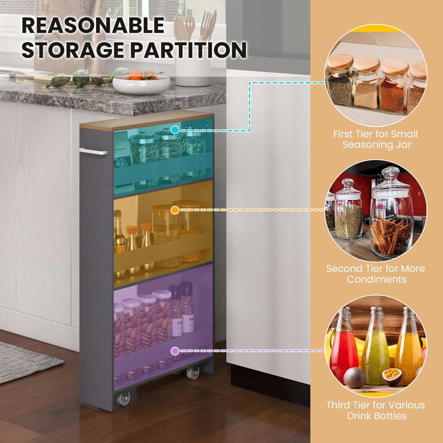 4-Tier Slide-out Rolling Slim Storage Trolley for Kitchen Dining Room-Grey