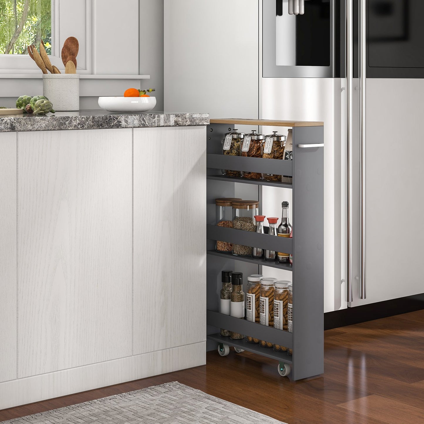 4-Tier Slide-out Rolling Slim Storage Trolley for Kitchen Dining Room-Grey