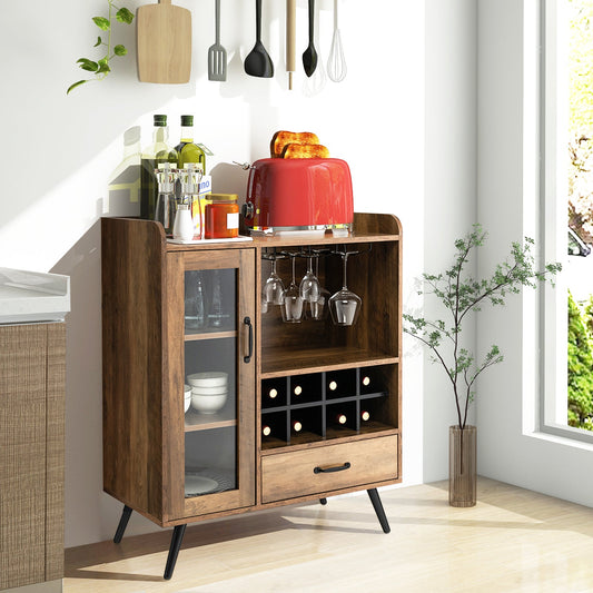 Wooden Wine Cabinet with Removable Wine Rack and Glass Holder-Brown