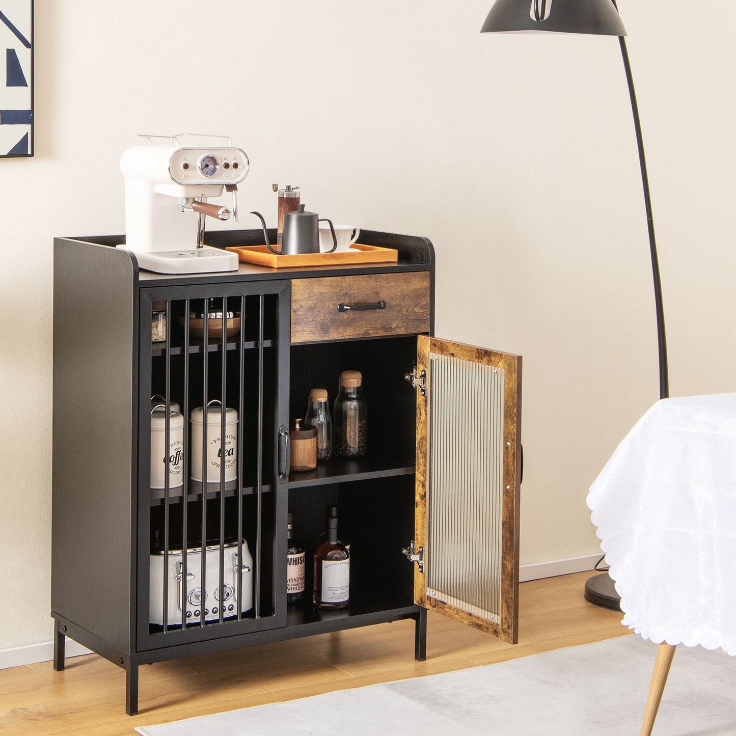 Wooden Buffet Sideboard with Tempered Glass Door and Anti-toppling Device