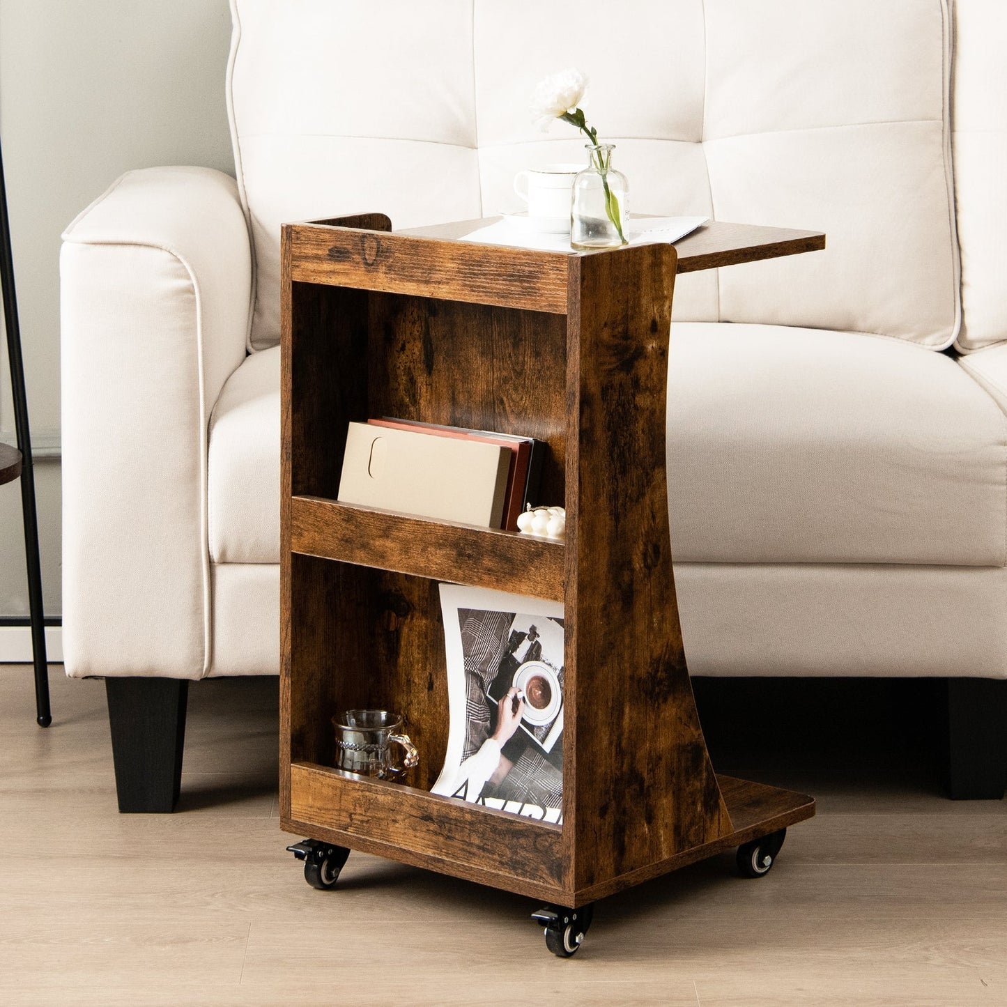 C-Shaped Side Table with Storage Shelf for Bedroom and Living Room-Natural