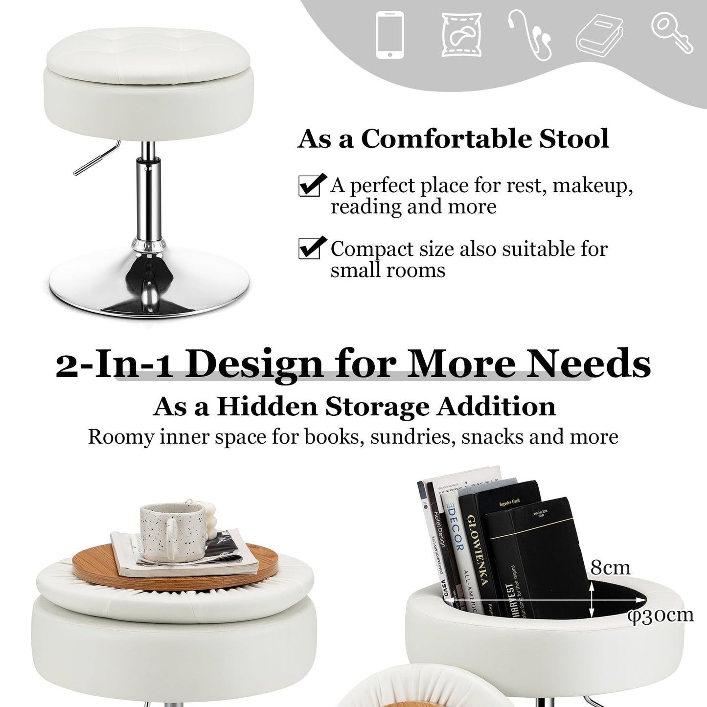 360° Swivel Vanity Stool with Removable Tray Lid-White