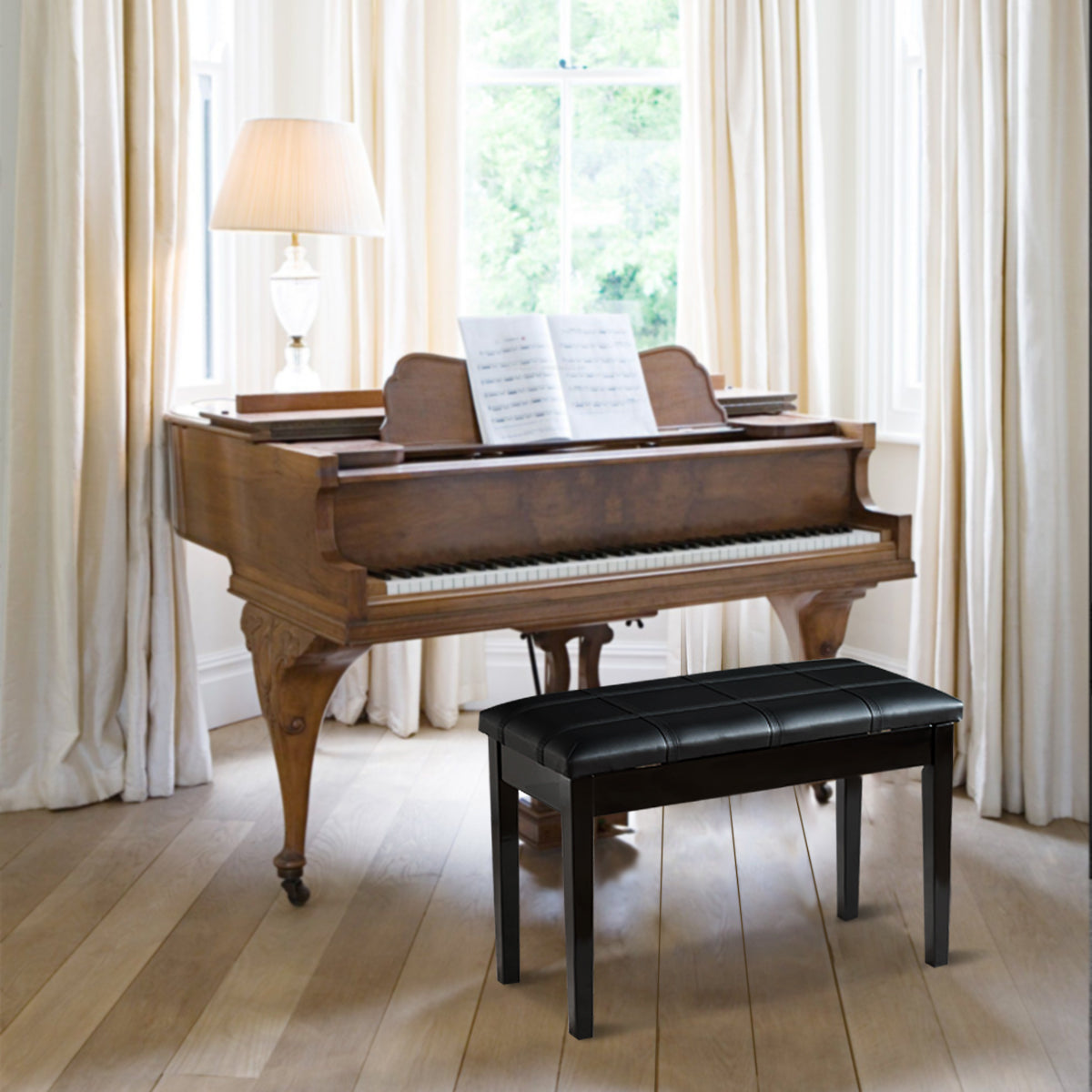 Wooden Duet Piano Bench with Padded Cushion and Music Storage-Black