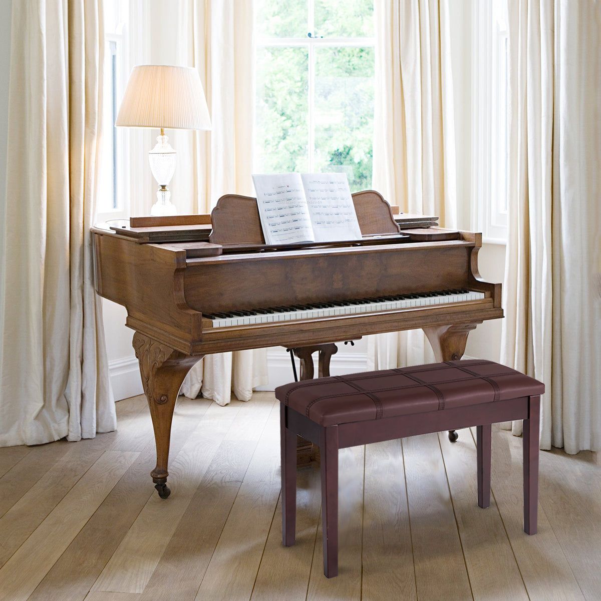 Wooden Duet Piano Bench with Padded Cushion and Music Storage-Brown