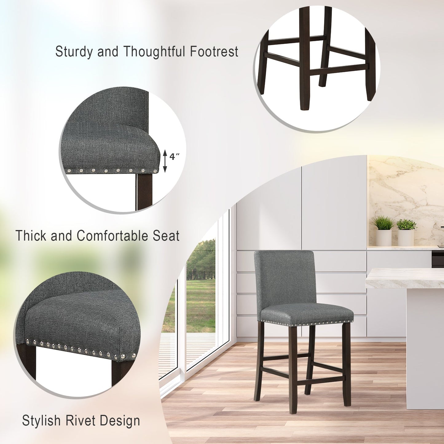 Upholstered Bar Stool Set of 2 for Dining Room Kitchen Restaurant-Grey