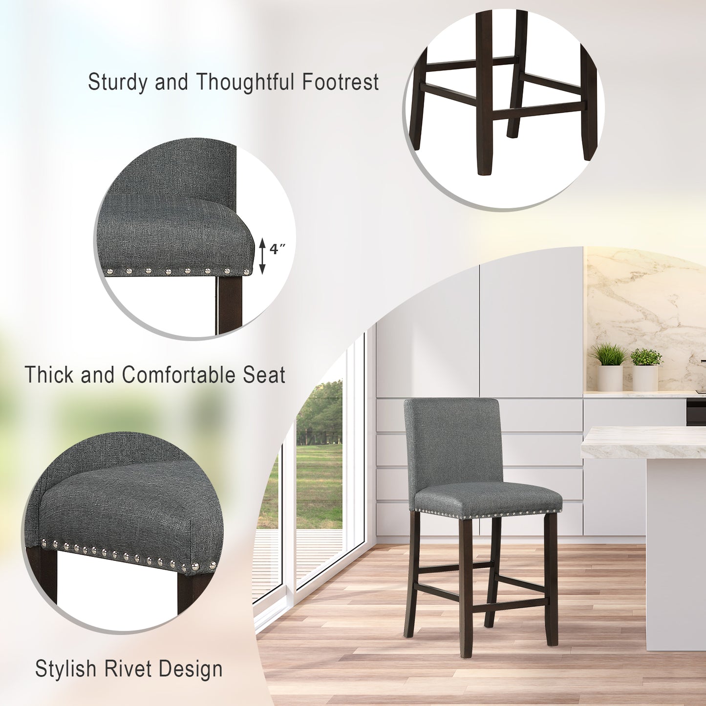 Upholstered Bar Stool Set of 2 for Dining Room Kitchen Restaurant-Grey