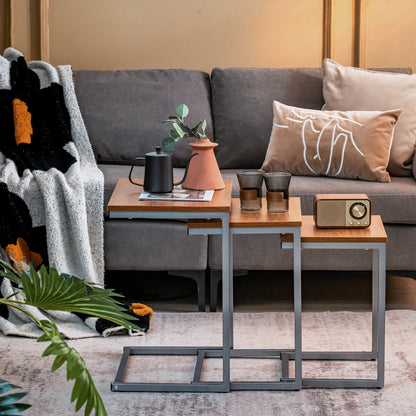 Set of 3 Nesting Coffee Tables with Wood Grain Tabletop-Brown