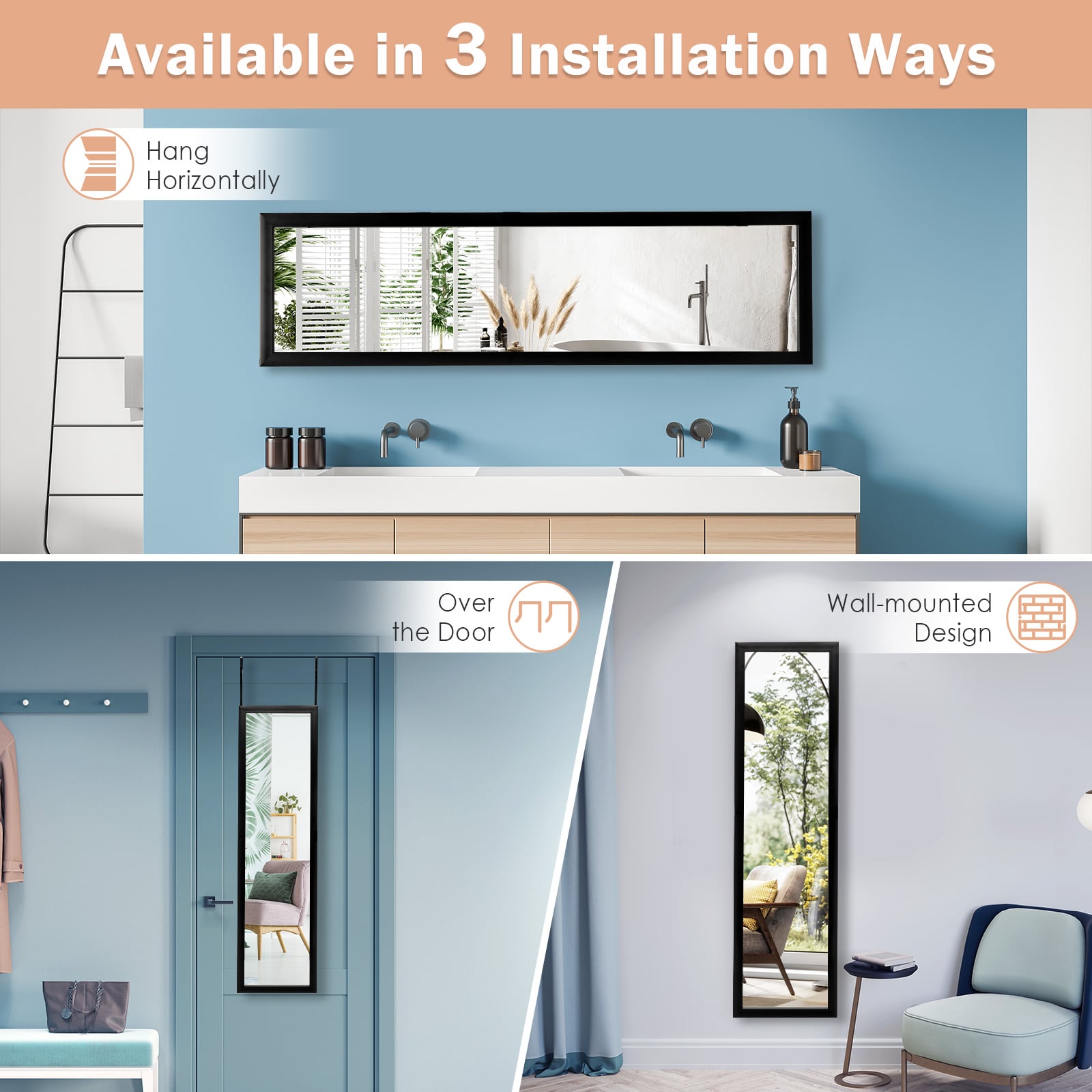 Full Length Over the Door Mirror with Hanging Hooks for Bedroom-Black