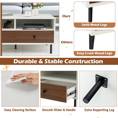 Rectangle Sofa Tea Table with Sturdy Metal Legs for Home Office-White