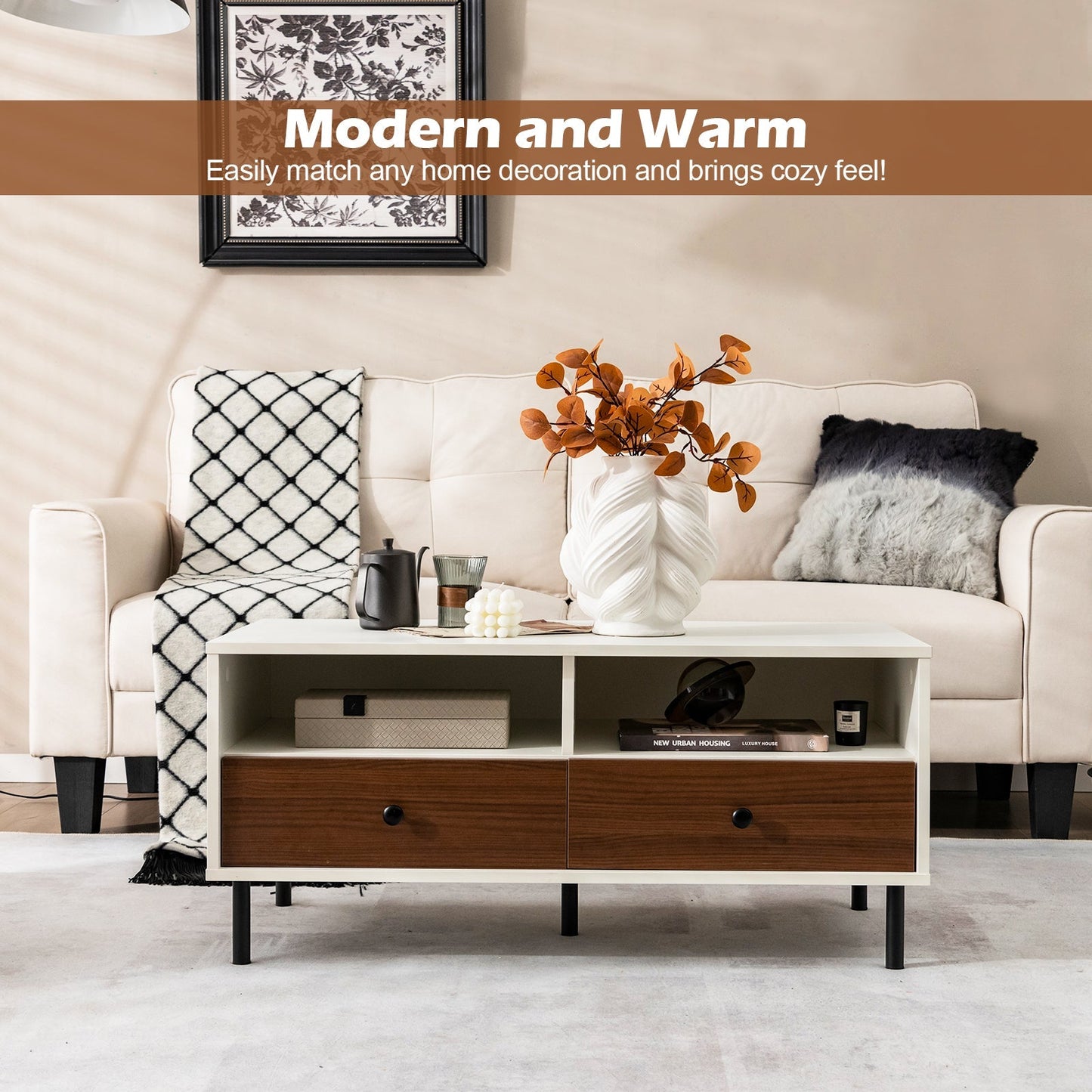 Rectangle Sofa Tea Table with Sturdy Metal Legs for Home Office-White