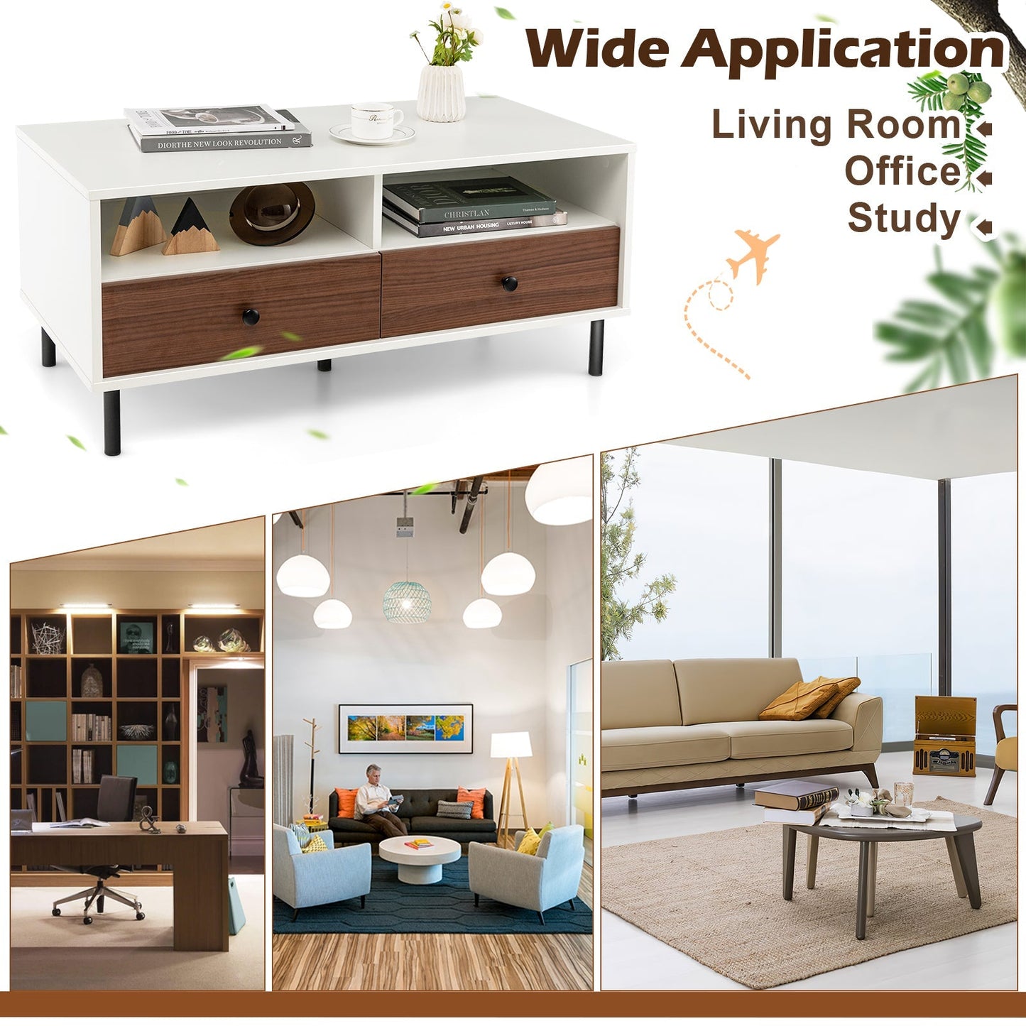 Rectangle Sofa Tea Table with Sturdy Metal Legs for Home Office-White