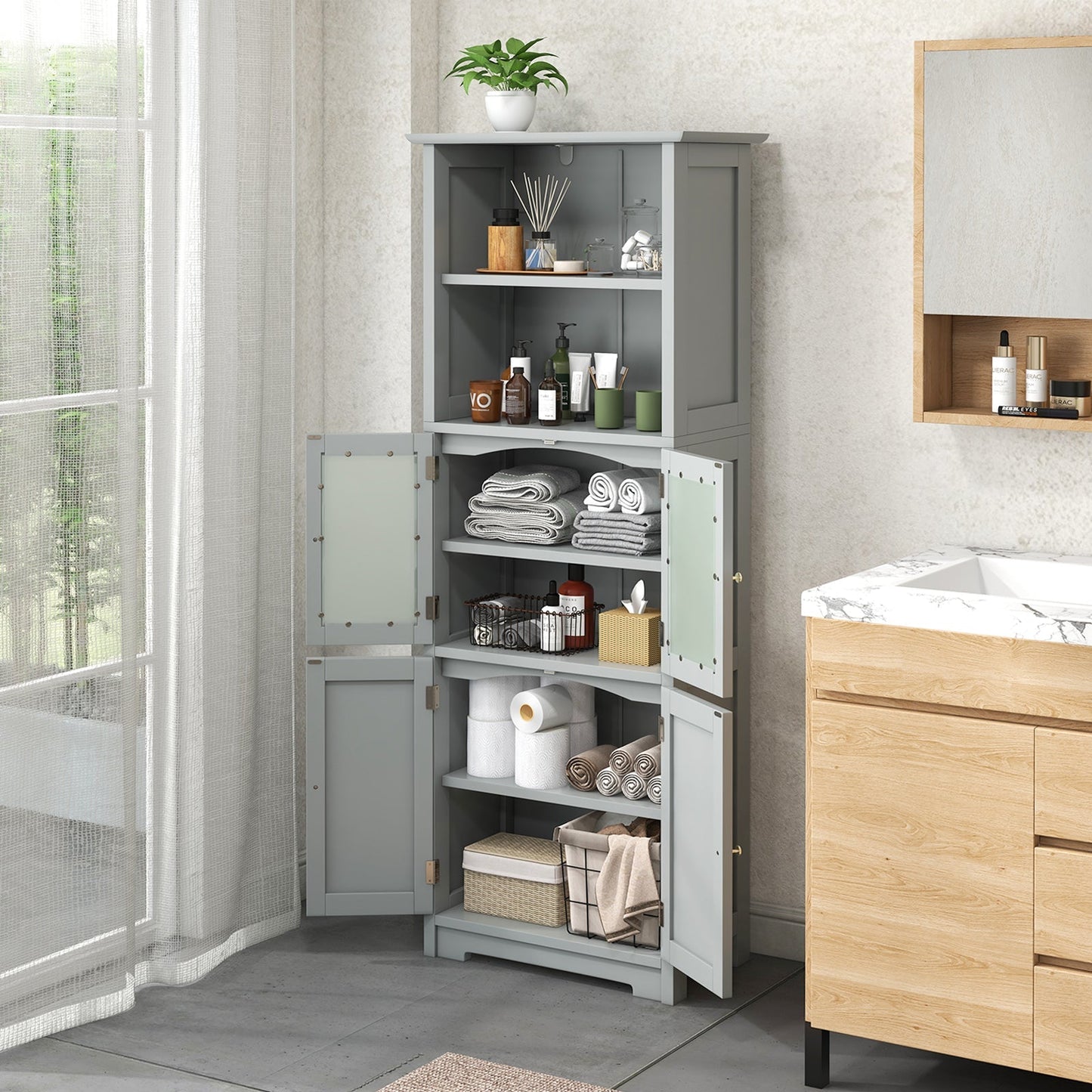 Freestanding Storage Cabinet with Tempered Glass Door and Open Shelves-Grey