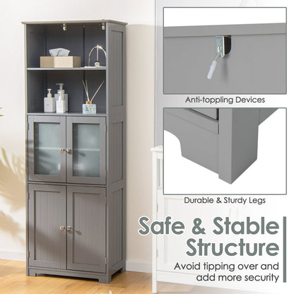 Freestanding Storage Cabinet with Tempered Glass Door and Open Shelves-Grey