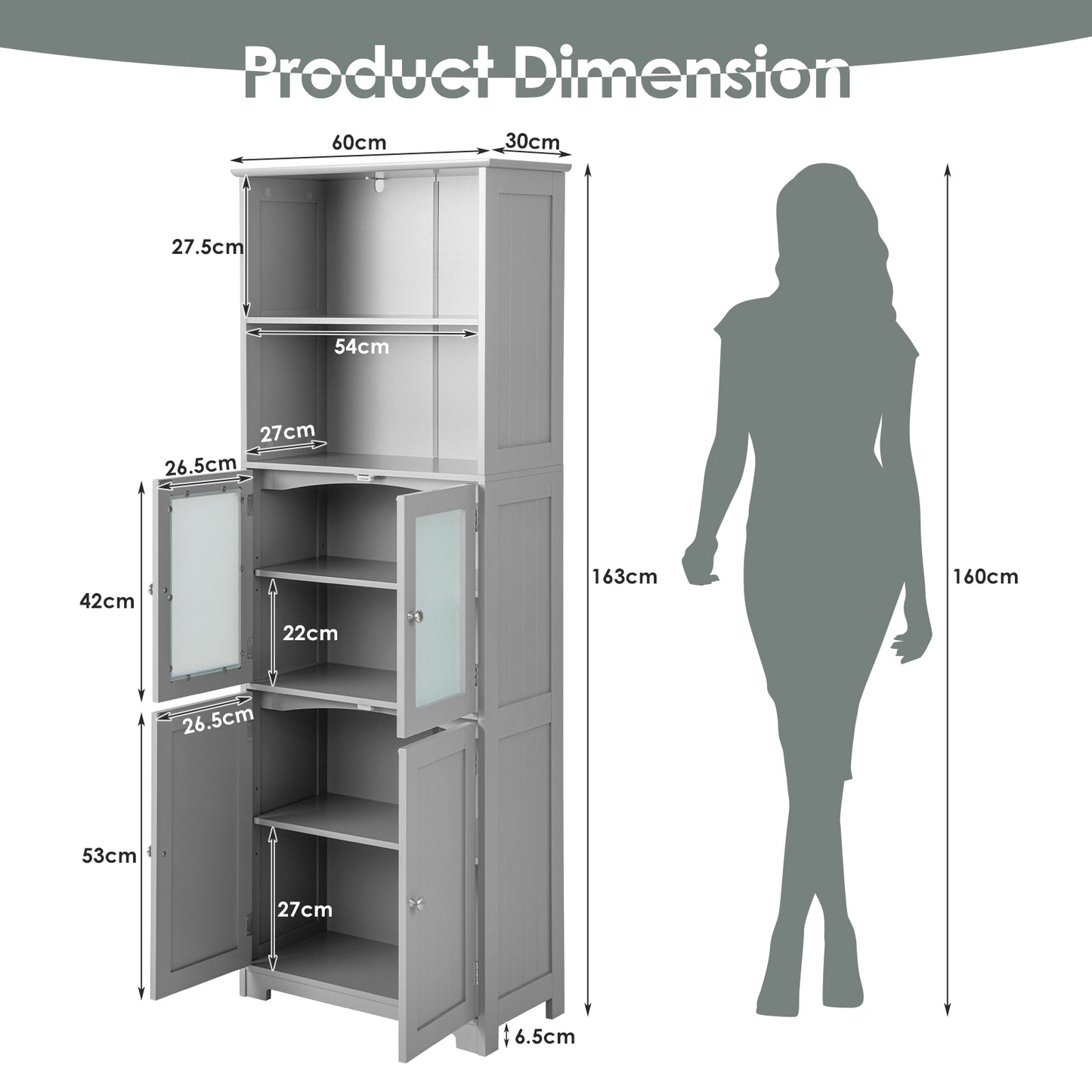 Freestanding Storage Cabinet with Tempered Glass Door and Open Shelves-Grey