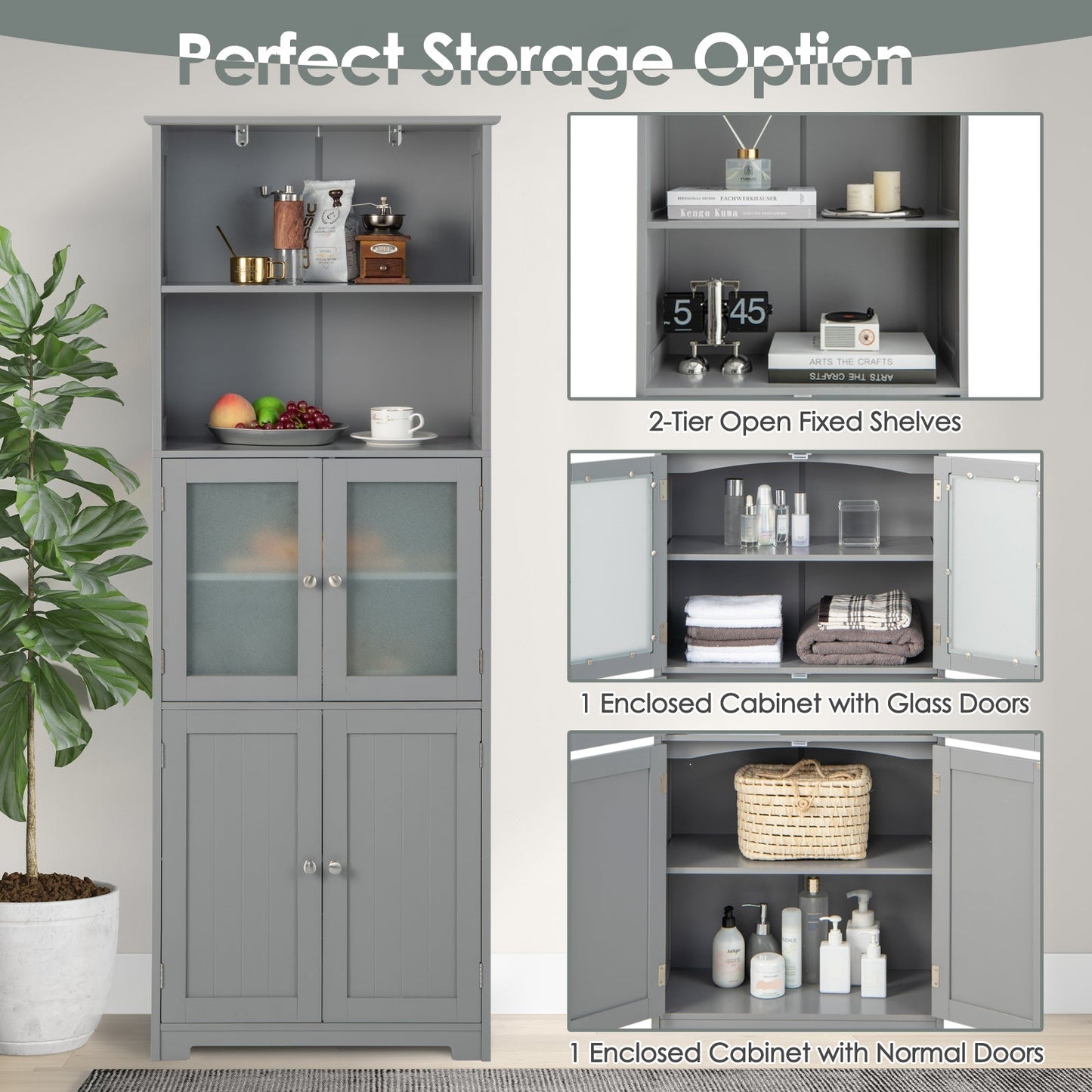 Freestanding Storage Cabinet with Tempered Glass Door and Open Shelves-Grey