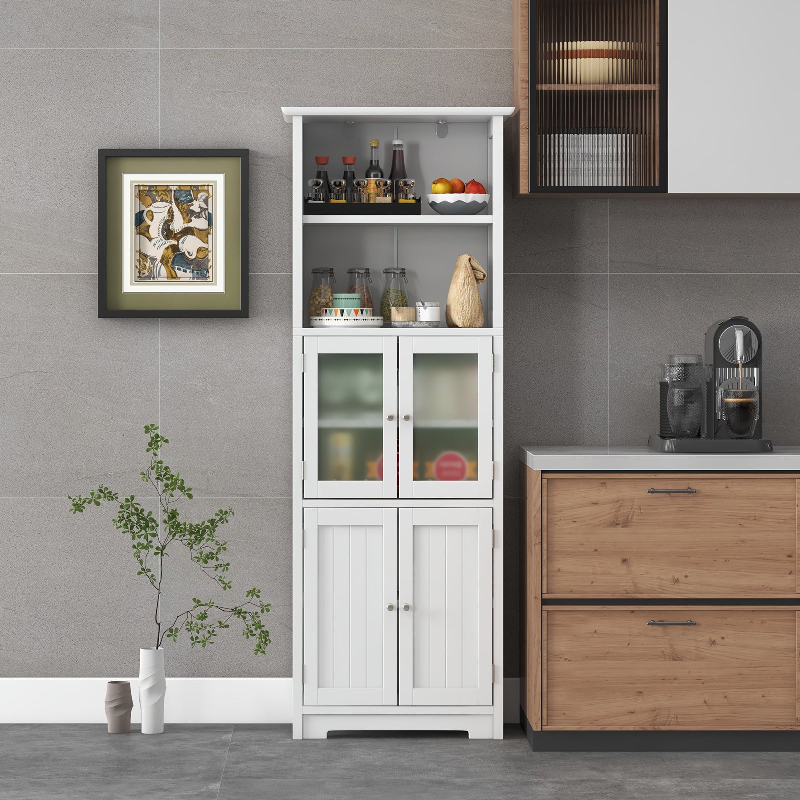 Freestanding Storage Cabinet with Tempered Glass Door and Open Shelves-White