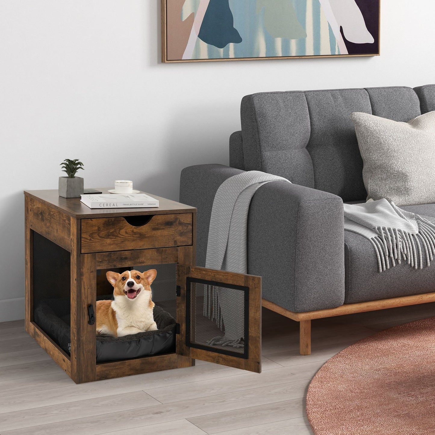 Wooden Dog Crate with Wireless Charger for Small Dogs-Brown