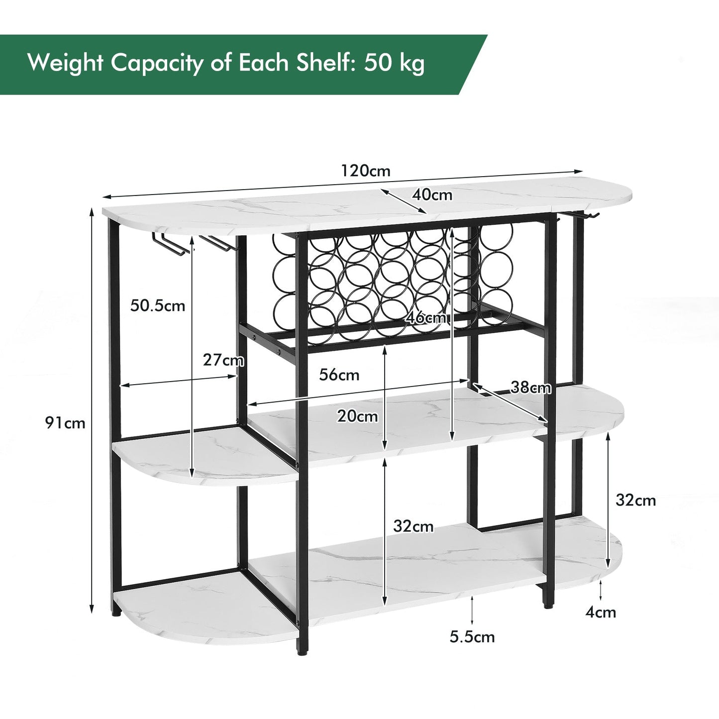 120 cm Coffee Bar Cabinet with Glass Holder for Kitchen-White