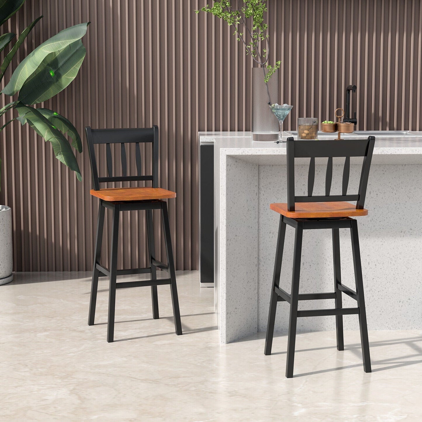 Set of 2 Rubber Wood Swivel Bar Stools with Backrest and Footrest-Black