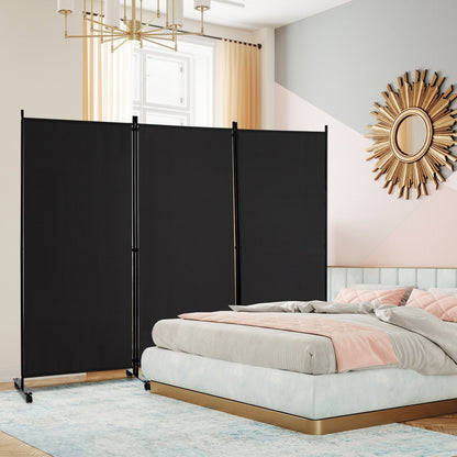 3-Panel Folding Room Divider with Wheels for Living Room Bedroom-Black